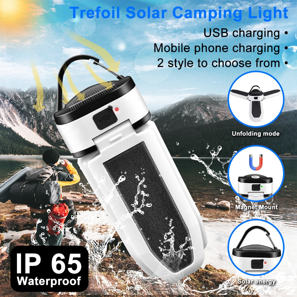 Portable folding solar camping light with 5 kinds of lighting modes, 180 degree beam, adjustment angle, and a top Solar charging or USB charging.<br>