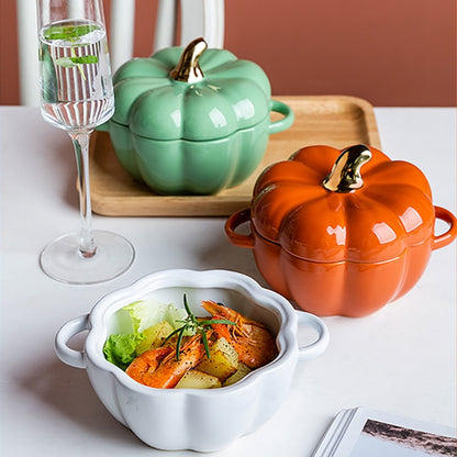 Pumpkin shape, exquisite appearance, very suitable for party and holiday atmosphere. ★ With two handles to prevent burns, it is safer and more reliable. ★ Ceramic material, high temperature resistance, can be put into the oven, microwave, dishwasher, disinfection cabinet.