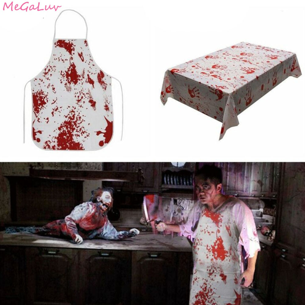 This bloody handprint tablecloth or apron are the perfect accessory for your Halloween design, haunted house or decorations.  The tablecloth can also be used as a curtain shower to represent "The Bates Motel" .  Enjoy scaring your friends, family and trick-or-treaters.    