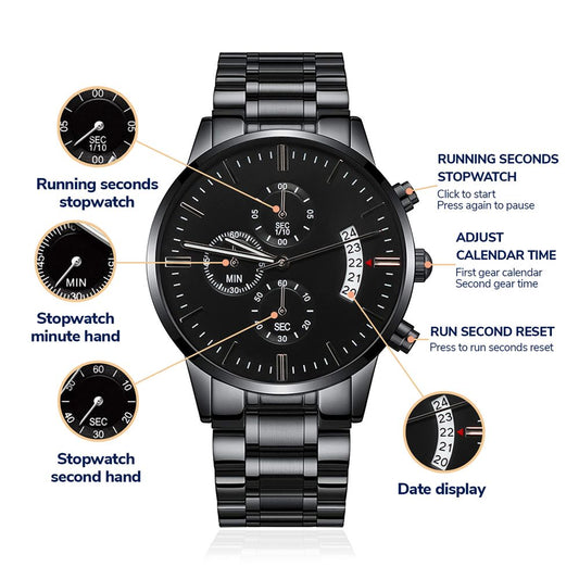 A personalized gift that can withstand constant use, this Customizable Engraved Black Chronograph Watch is the perfect gift for all the special men in your life. A thoughtful groomsmen gift, an anniversary memento, or a long-lasting keepsake for Father’s Day - it's a versatile piece sure to warm hearts and create smiles. 