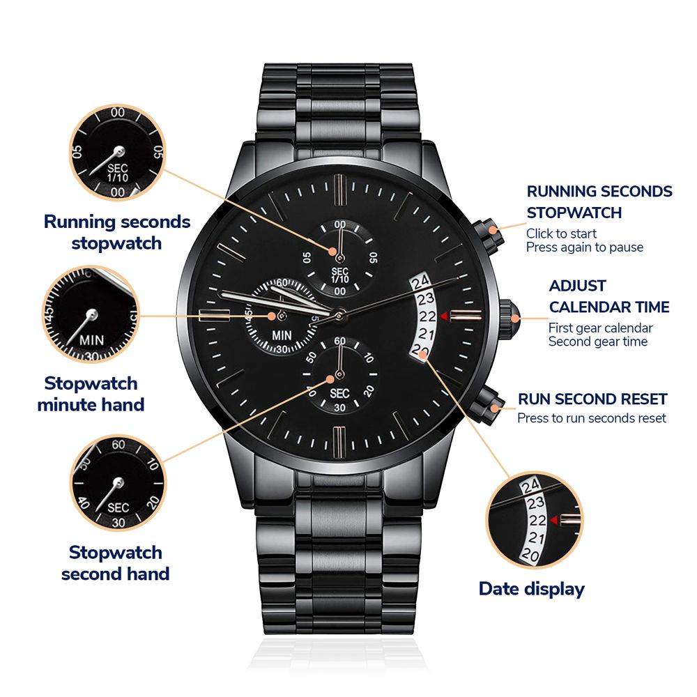 A personalized gift that can withstand constant use, this Customizable Engraved Black Chronograph Watch is the perfect gift for all the special men in your life. A thoughtful groomsmen gift, an anniversary memento, or a long-lasting keepsake for Father’s Day - it's a versatile piece sure to warm hearts and create smiles. 