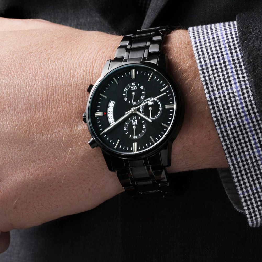 A personalized gift that can withstand constant use, this Customizable Engraved Black Chronograph Watch is the perfect gift for all the special men in your life. A thoughtful groomsmen gift, an anniversary memento, or a long-lasting keepsake for Father’s Day - it's a versatile piece sure to warm hearts and create smiles. 
