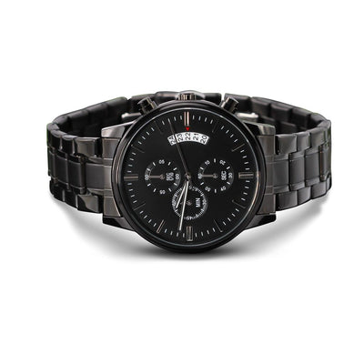 A personalized gift that can withstand constant use, this Customizable Engraved Black Chronograph Watch is the perfect gift for all the special men in your life. A thoughtful groomsmen gift, an anniversary memento, or a long-lasting keepsake for Father’s Day - it's a versatile piece sure to warm hearts and create smiles. 