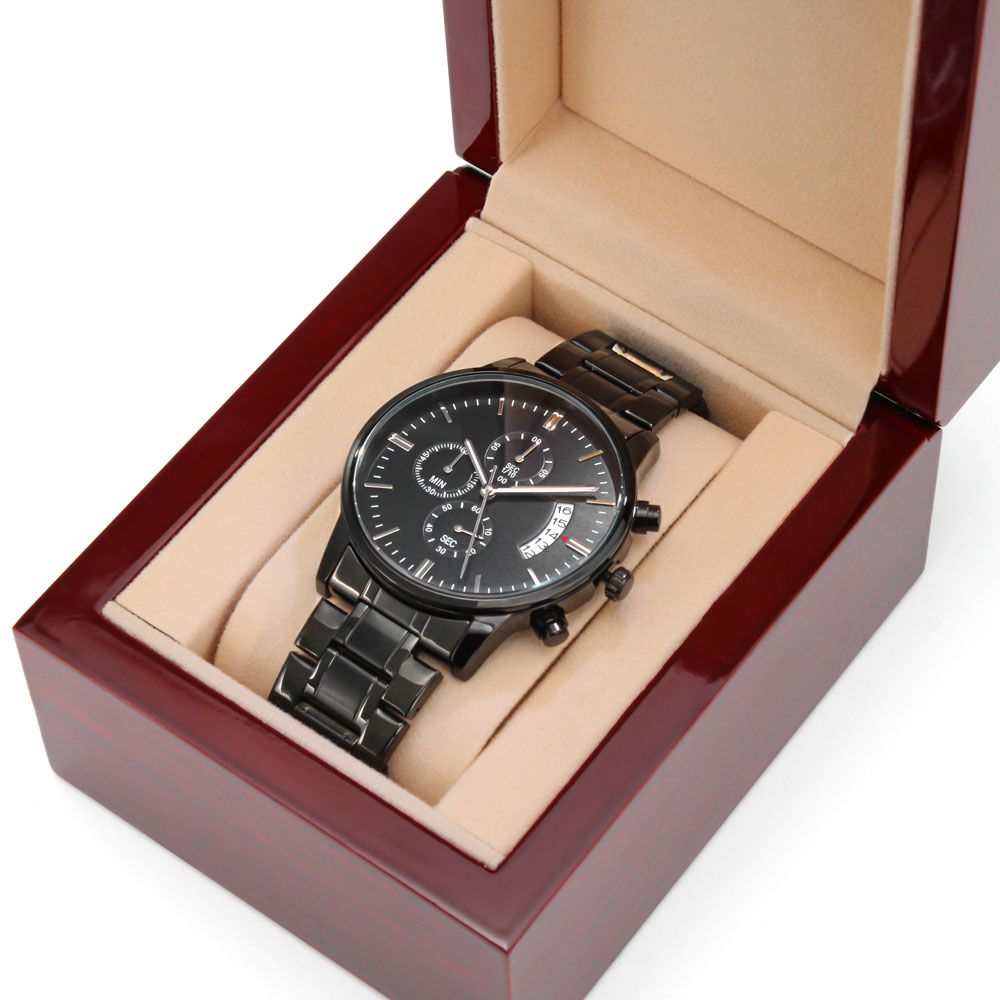 A personalized gift that can withstand constant use, this Customizable Engraved Black Chronograph Watch is the perfect gift for all the special men in your life. A thoughtful groomsmen gift, an anniversary memento, or a long-lasting keepsake for Father’s Day - it's a versatile piece sure to warm hearts and create smiles. 