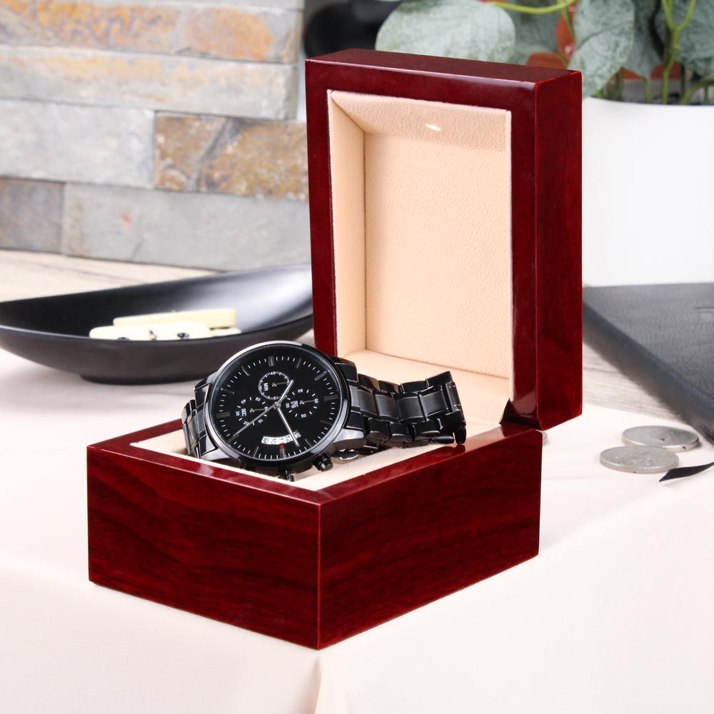 A personalized gift that can withstand constant use, this Customizable Engraved Black Chronograph Watch is the perfect gift for all the special men in your life. A thoughtful groomsmen gift, an anniversary memento, or a long-lasting keepsake for Father’s Day - it's a versatile piece sure to warm hearts and create smiles. 