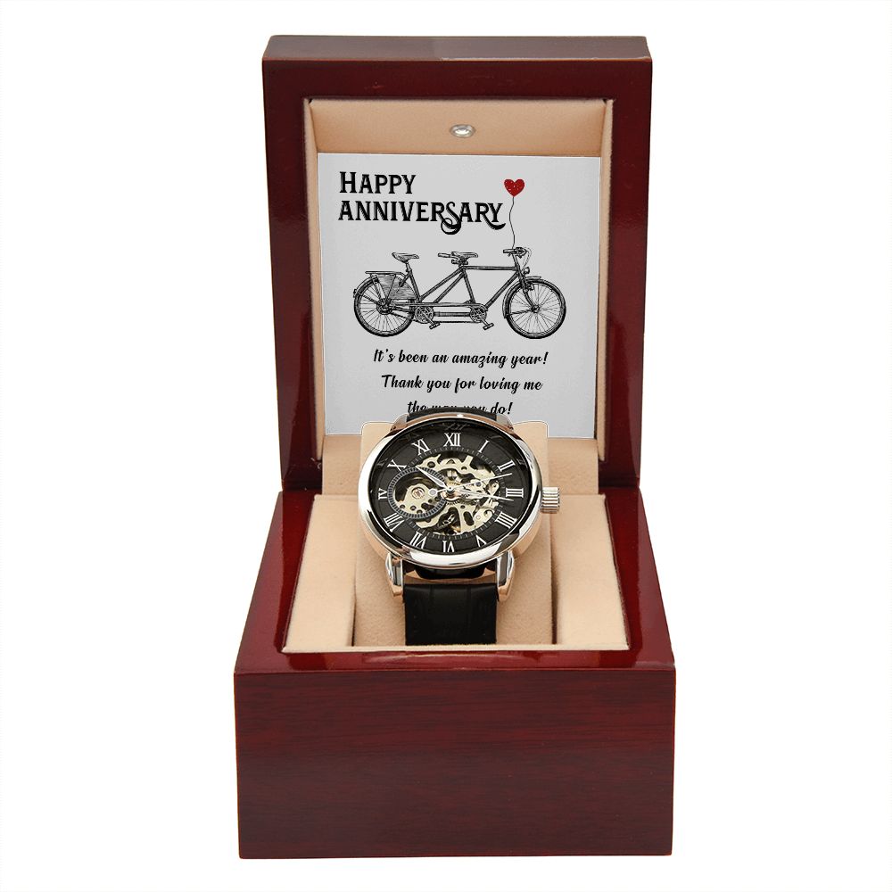 This watch sports a genuine leather strap, is splash resistant, and has increased durability thanks to hardened mineral glass. Our unique skeleton dial feature allows you to peer directly into the inner workings of your watch.