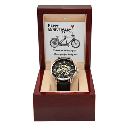 This watch sports a genuine leather strap, is splash resistant, and has increased durability thanks to hardened mineral glass. Our unique skeleton dial feature allows you to peer directly into the inner workings of your watch.