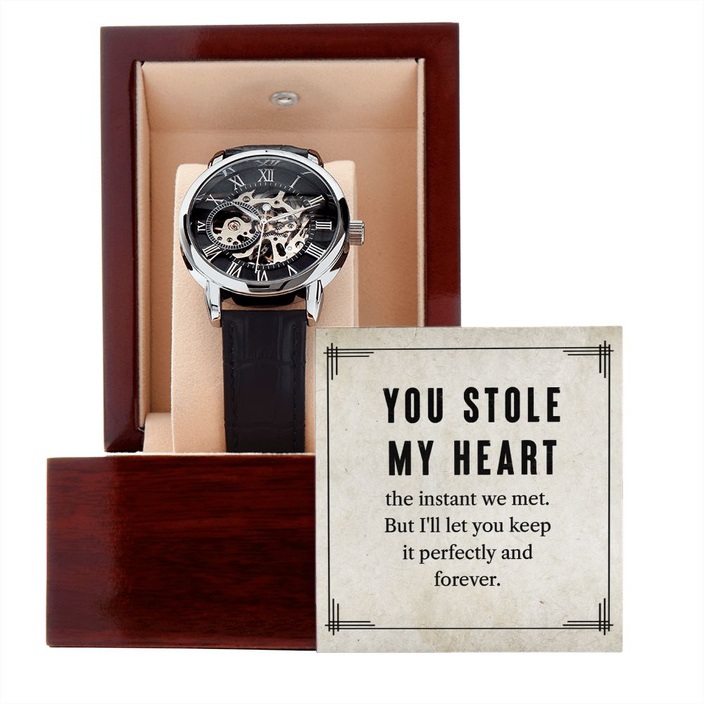 This watch sports a genuine leather strap, is splash resistant, and has increased durability thanks to hardened mineral glass. Our unique skeleton dial feature allows you to peer directly into the inner workings of your watch. Beautifully crafted to be automatic, this watch requires motion instead of batteries. 