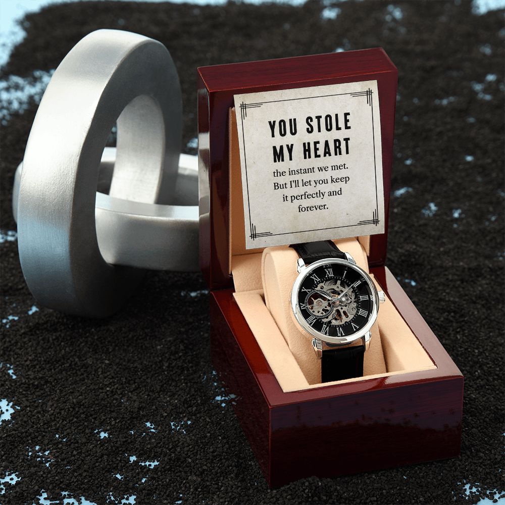 This watch sports a genuine leather strap, is splash resistant, and has increased durability thanks to hardened mineral glass. Our unique skeleton dial feature allows you to peer directly into the inner workings of your watch. Beautifully crafted to be automatic, this watch requires motion instead of batteries. 