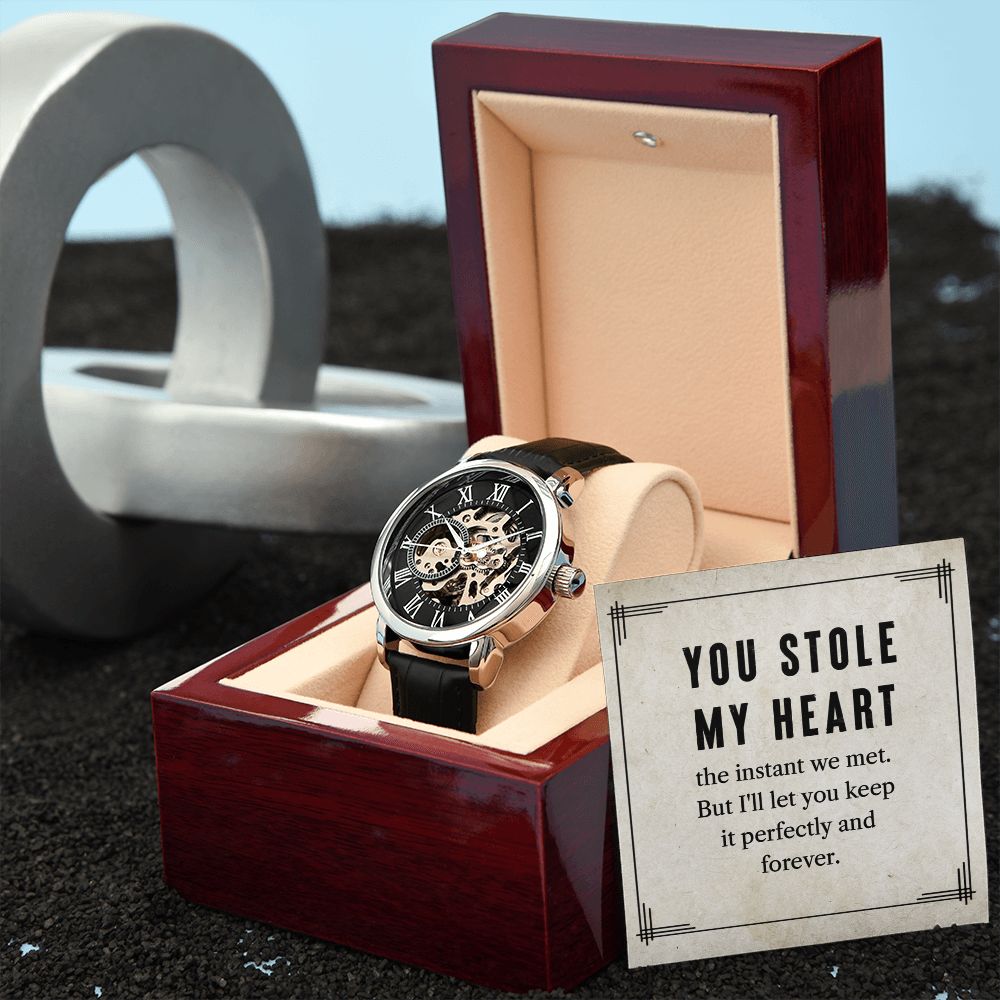 This watch sports a genuine leather strap, is splash resistant, and has increased durability thanks to hardened mineral glass. Our unique skeleton dial feature allows you to peer directly into the inner workings of your watch. Beautifully crafted to be automatic, this watch requires motion instead of batteries. 