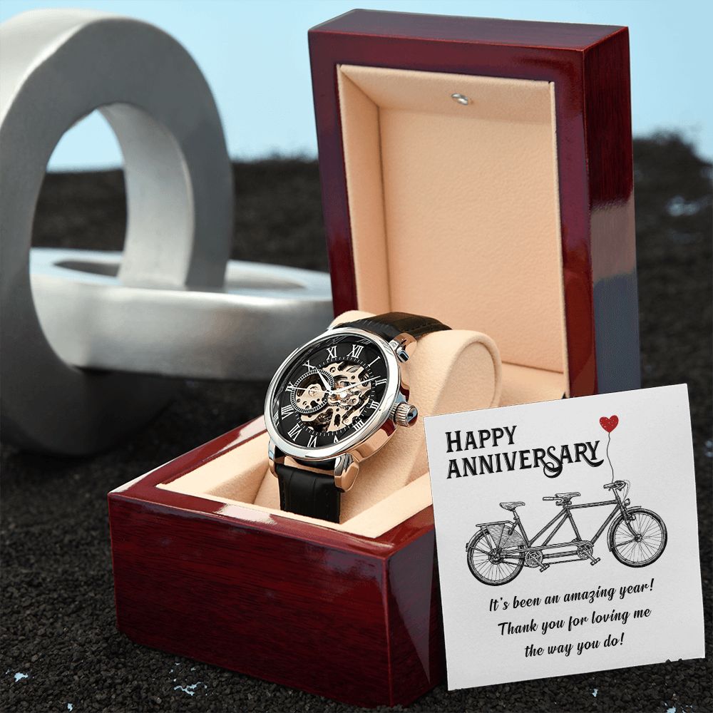 This watch sports a genuine leather strap, is splash resistant, and has increased durability thanks to hardened mineral glass. Our unique skeleton dial feature allows you to peer directly into the inner workings of your watch.