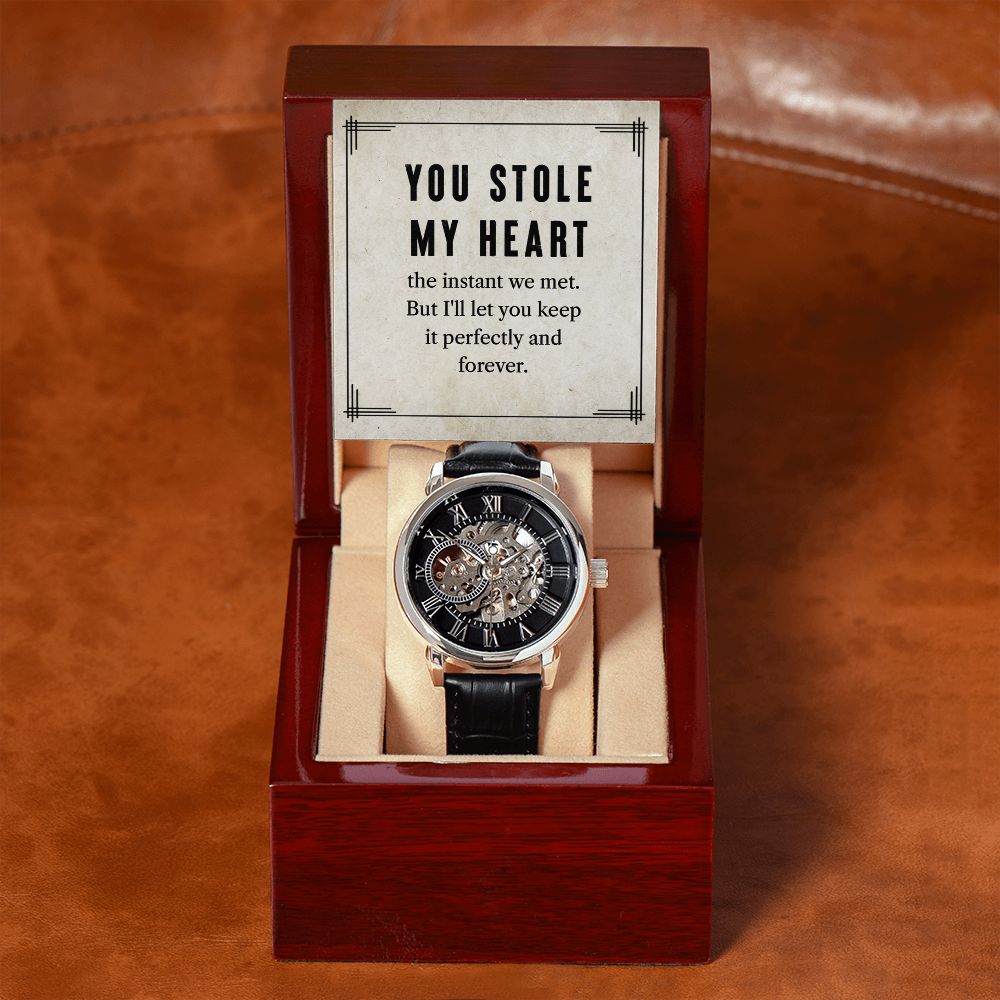 This watch sports a genuine leather strap, is splash resistant, and has increased durability thanks to hardened mineral glass. Our unique skeleton dial feature allows you to peer directly into the inner workings of your watch. Beautifully crafted to be automatic, this watch requires motion instead of batteries. 