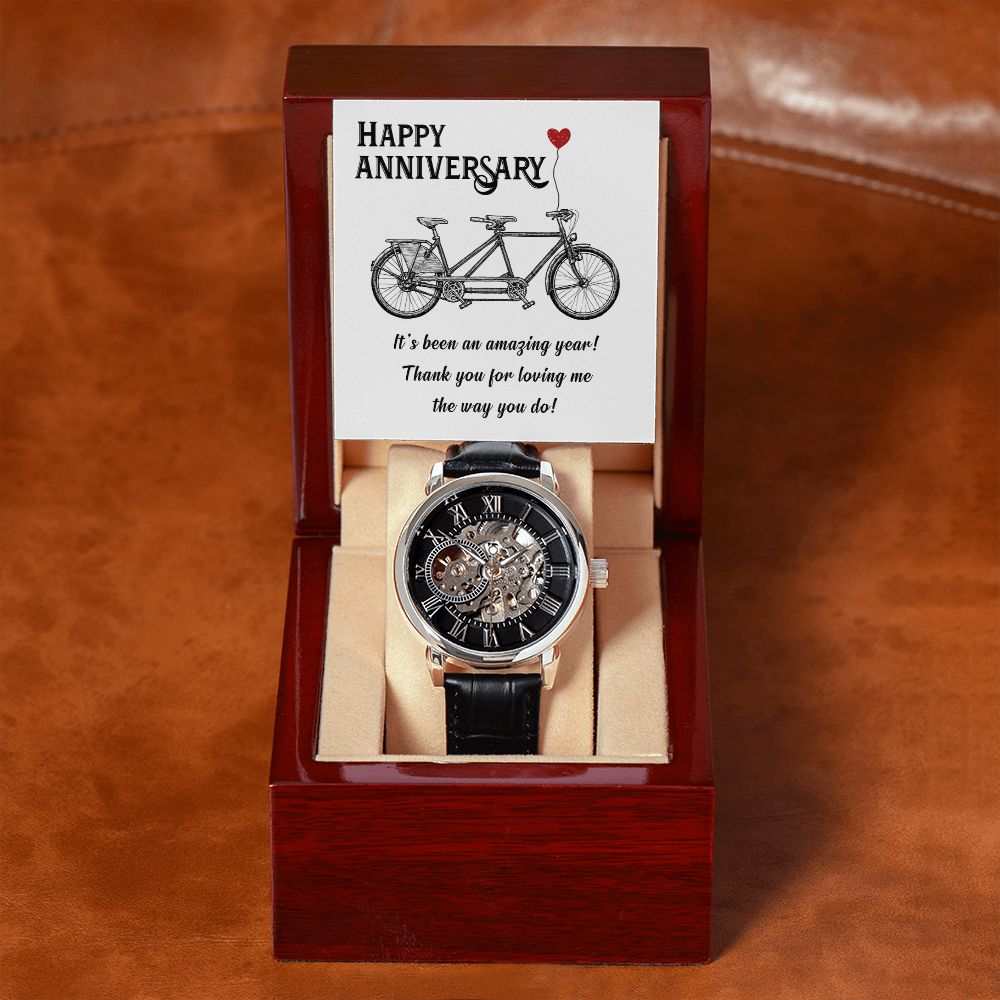 This watch sports a genuine leather strap, is splash resistant, and has increased durability thanks to hardened mineral glass. Our unique skeleton dial feature allows you to peer directly into the inner workings of your watch.