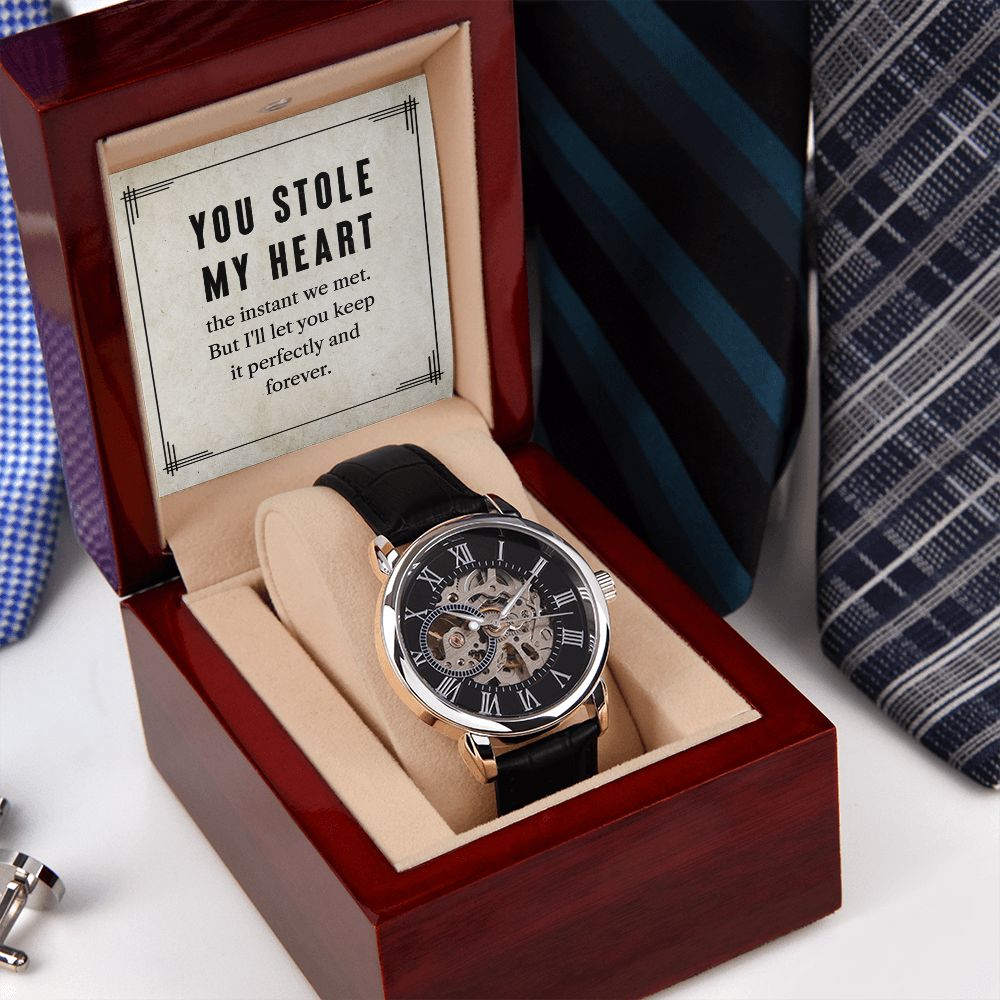 This watch sports a genuine leather strap, is splash resistant, and has increased durability thanks to hardened mineral glass. Our unique skeleton dial feature allows you to peer directly into the inner workings of your watch. Beautifully crafted to be automatic, this watch requires motion instead of batteries. 