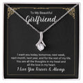 Imagine her reaction when she opens this stunning gift! The Alluring Beauty necklace features a petite ribbon shaped pendant that is sure to dazzle your special someone. Whether it's a birthday or anniversary, make sure to get her a gift she will love for years to come. 