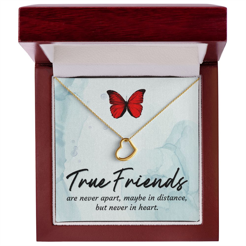 Imagine Your friends delight when she sees this beautiful Delicate Heart Necklace, lovingly crafted in sterling silver and dipped in 14k white gold or 18k yellow gold for added luxury. This piece is pure elegance wrapped up in timeless simplicity. Trends may come and go, but this piece will last a lifetime with its classic subtle beauty.