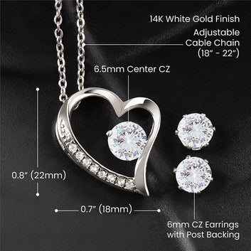 Give your loved one a gift that will make their heart swell! The Forever Love Necklace and Cubic Zirconia Earring Set is sure to do the trick. This necklace and earring pairing provides dazzling sparkle when worn together or separately, and is perfect for any occasion! Do not miss out on this special offering!