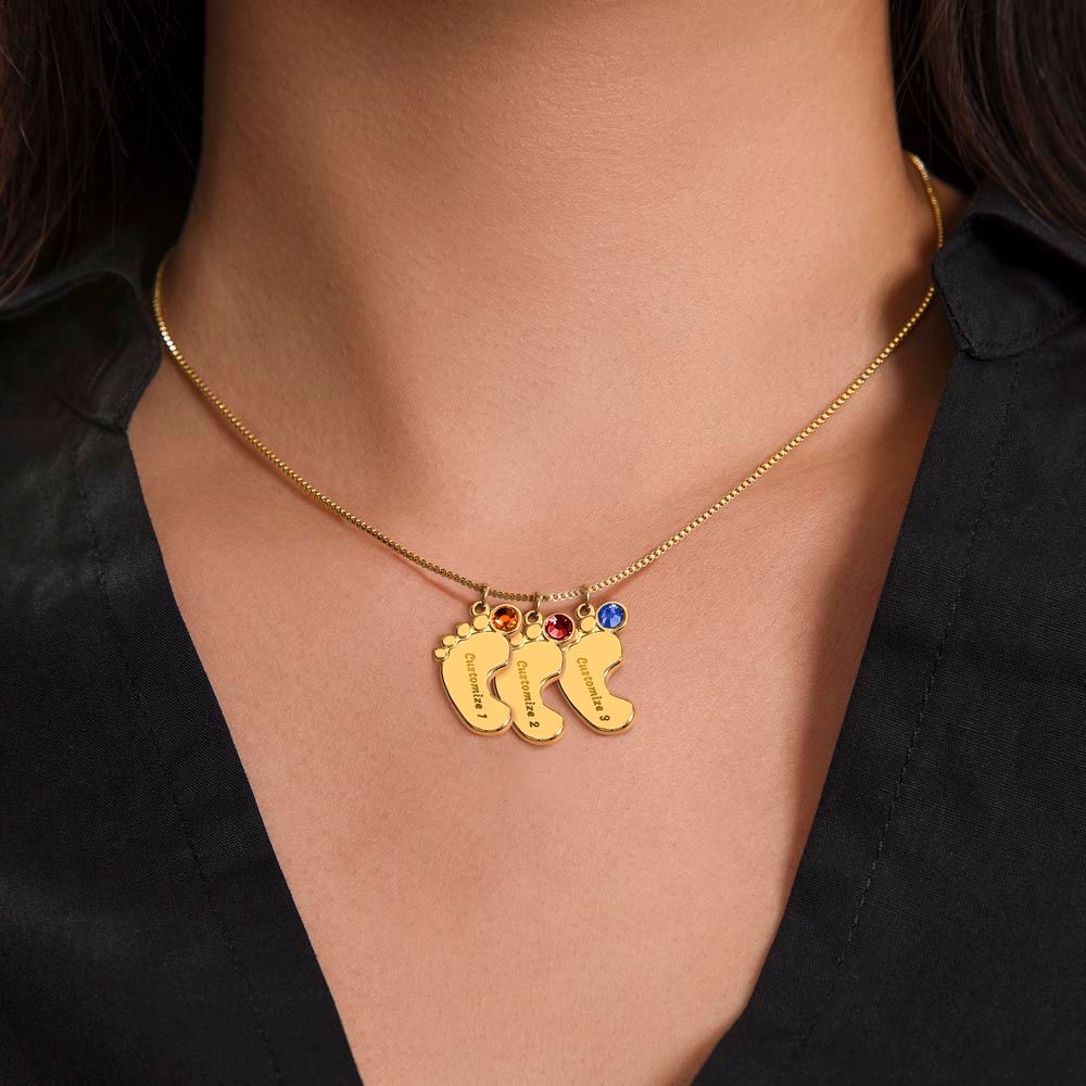 Celebrate the arrival of a newborn or cherish a precious memory with our Custom Baby Feet Necklace with Birthstone. Personalize your gift by engraving a name of your choice onto the pendant and choosing a crystal that correlates with the baby's birth month. 