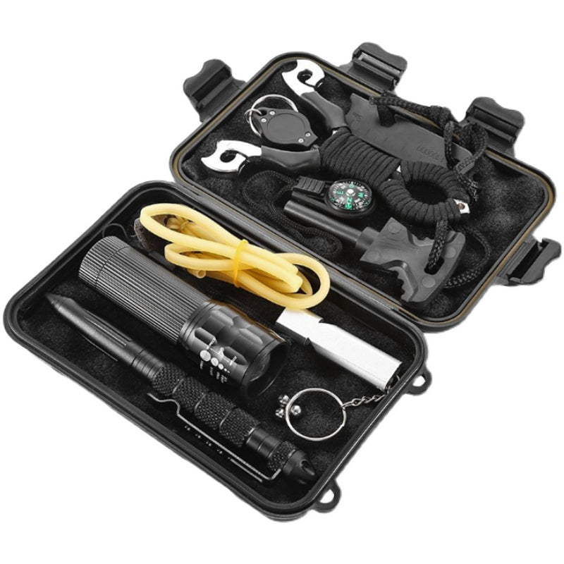 The Survival Camping Multi-Tool Kit offers reliability and convenience for outdoor adventures. Featuring a Survival Compass, Flashlight, and First Aid Kit, this professional-grade kit provides the essential items necessary to navigate, light the way, and provide medical care in an emergency situation.