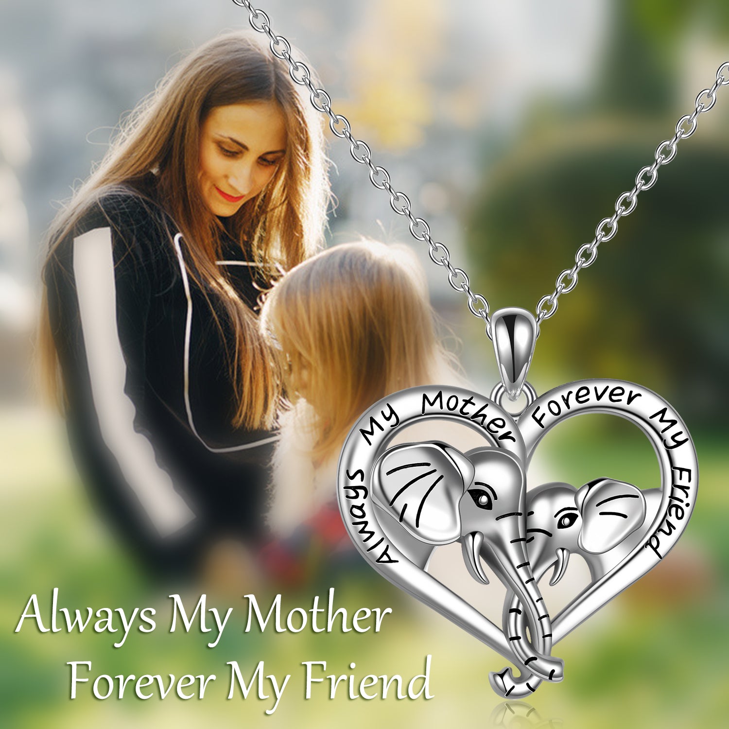Mama elephant and baby elephant tied noses together, which represents the maternal love and harmonious relationship between mother and daughter. It engraved "Always My Mother Forever My Friend". Perfect mother daughter necklace for animal lovers.