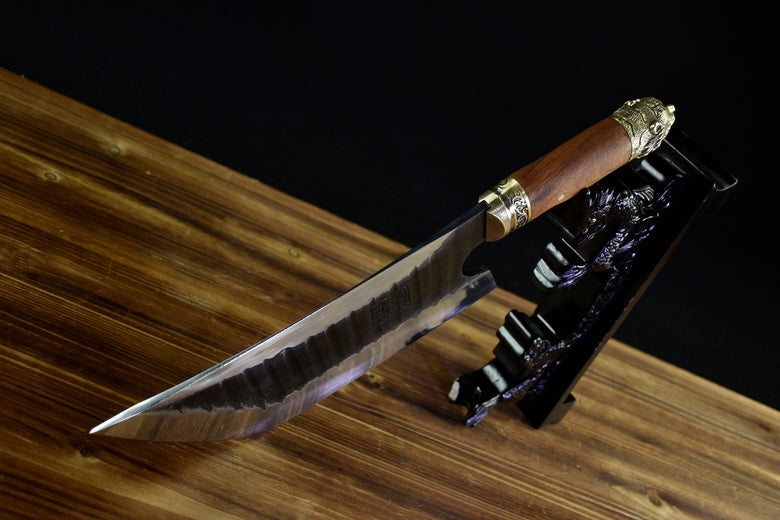 Product Information：  Full length: 38.3cm Blade length: 24cm Handle length: 13cm Blade width: 10.7cm Thickness: 0.5cm Blade material: spring steel  Handle material: rosewood, fittings: brass