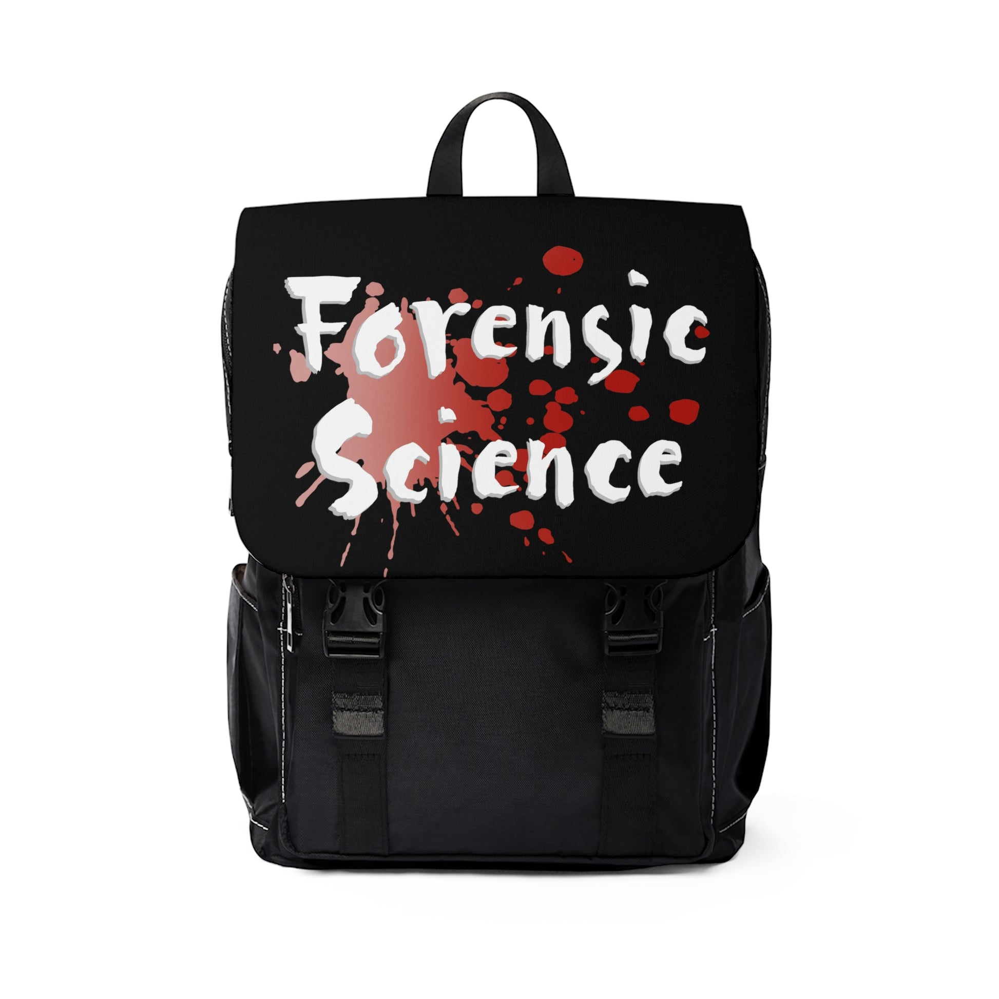 This Forensic Science Casual backpack is in a classic shape with a front flap design. It is made of durable Oxford canvas. It has two slip interior pockets and one laptop sleeve in the main compartment, a front zipper pocket, and two side pockets.