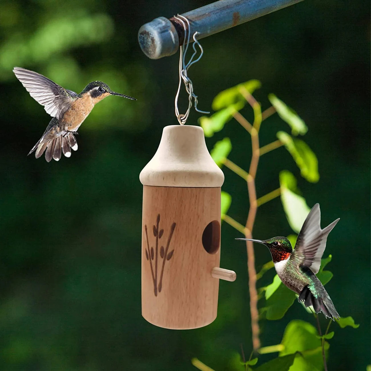 This adorable hand crafted hanging hummingbird house is the perfect gift for those that love nature. There are 3 different designs to choose from to enhance your patio, porch, treehouse, yard. 