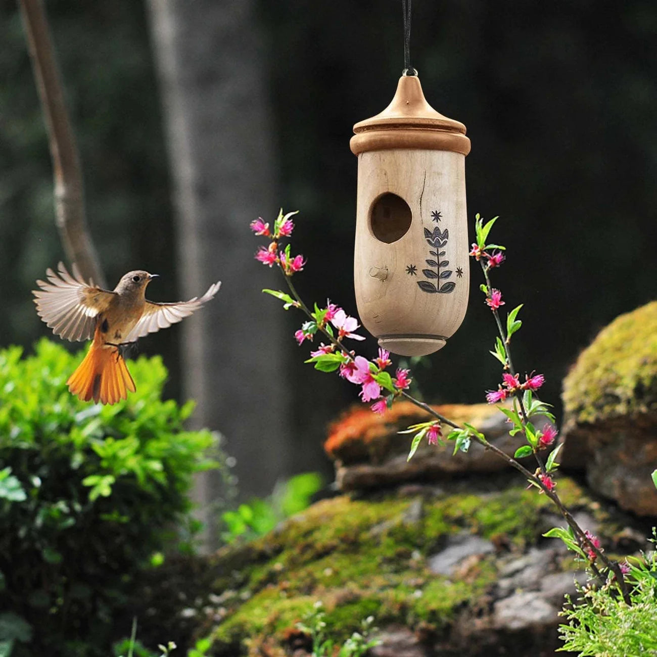 This adorable hand crafted hanging hummingbird house is the perfect gift for those that love nature. There are 3 different designs to choose from to enhance your patio, porch, treehouse, yard. 