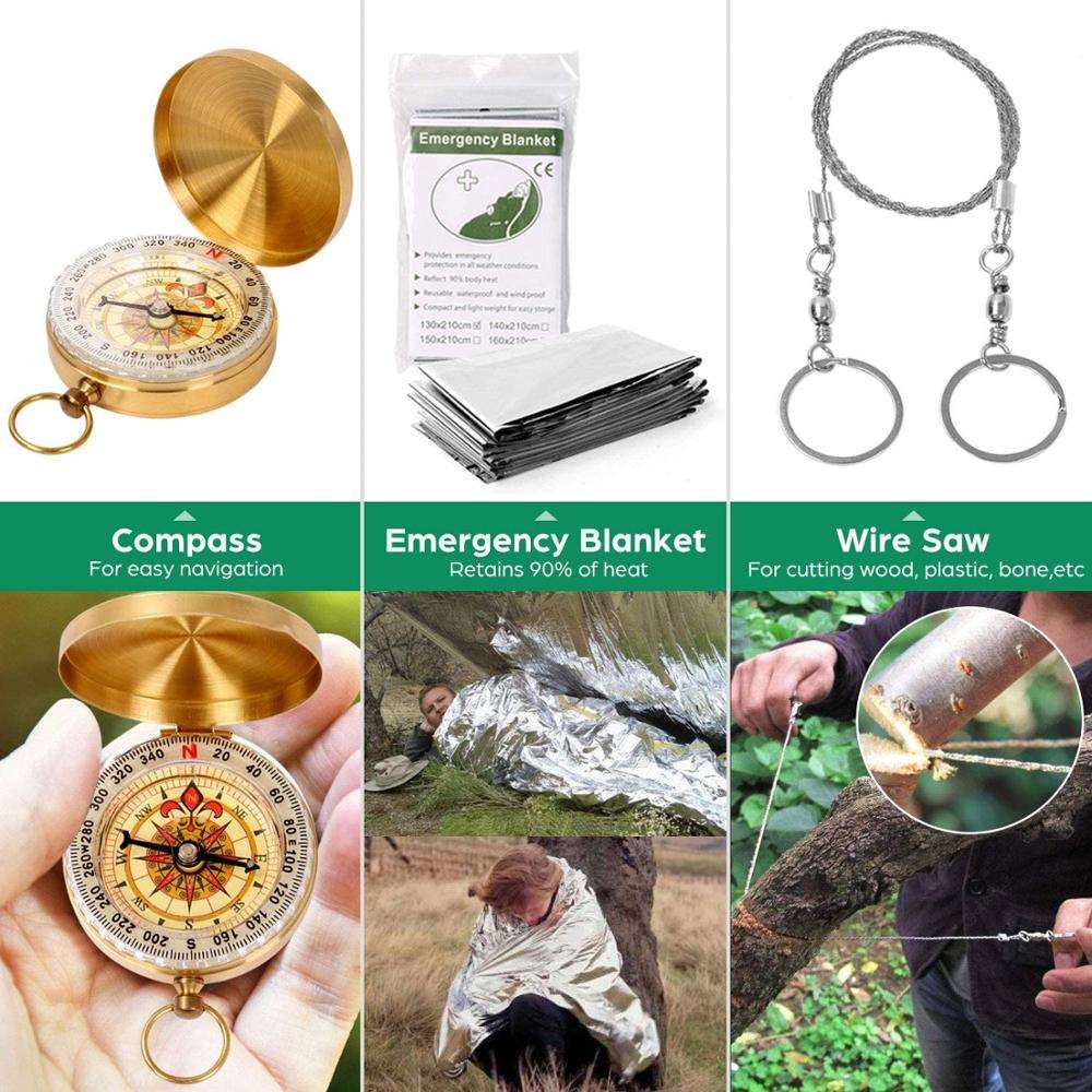 A perfect tactical outdoor kit for camping, traveling, first aid and provides SOS EDC tools for the wilderness, to get out of emergency situations and has been used in the military. 